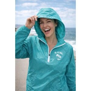 Malibu Teal Hooded Windbreaker Quarter Zip‎ Lightweight Pullover Jacket Sz L